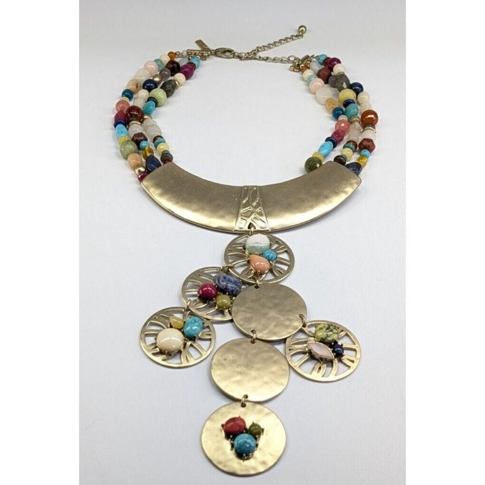 Chico's Huge Chunky Multi Strand Multi Color Stone Gold Tone Medallion Necklace - Picture 2 of 10